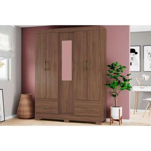 Guarda Roupa Casal 5 Portas (1 C- Espelho) E 2 Gavetas Briz B60 Castanho - Henn