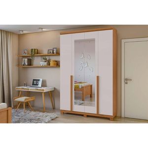 Guarda Roupa Casal 4 Portas (2 C- Espelho) E 2 Gavetas C- Pés Alonzo Amendoa-off White - Lopas