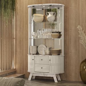 Cristaleira Com Espelho Led 4 Portas 2 Gavetas Moss Calacata Off White
