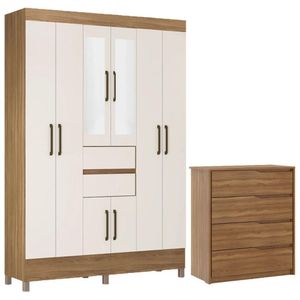 Kit Guarda Roupa Casal Com Espelho 8 Portas Munique Cômoda Atria Amêndola Touch Off White