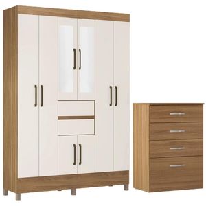 Kit Guarda Roupa Casal Com Espelho 8 Portas Munique Cômoda Astral Amêndola Touch Off White
