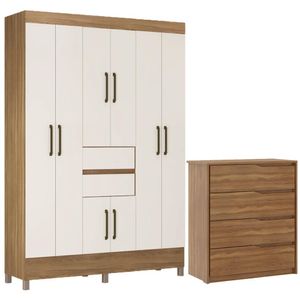 Kit Guarda Roupa Casal 8 Portas Munique Cômoda Atria Amêndola Touch Off White