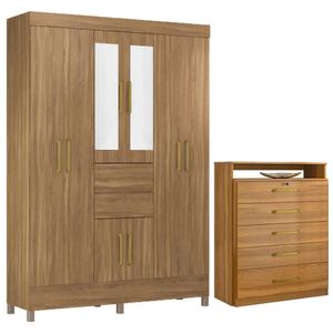 Kit Guarda Roupa Casal Com Espelho 8 Portas Munique Cômoda Triunfo Amêndola Touch