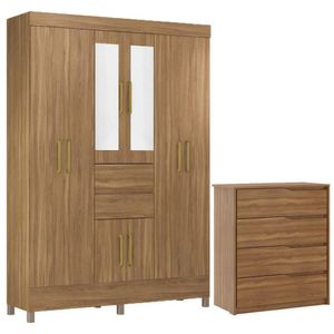 Kit Guarda Roupa Casal Com Espelho 8 Portas Munique Cômoda Atria Amêndola Touch