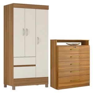 Kit Guarda Roupa Solteiro 3 Portas Wind Cômoda Triunfo Amêndola Touch Off White