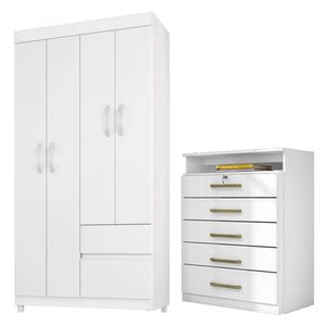 Kit Guarda Roupa Solteiro 4 Portas Lótus Cômoda Triunfo Branco