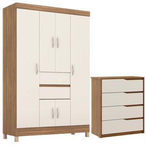 Kit Guarda Roupa Solteiro 6 Portas Ecom Ii Cômoda Atria Amêndola Touch Off White