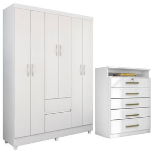 Kit Guarda Roupa Solteiro 6 Portas Flash Ii Cômoda Triunfo Branco