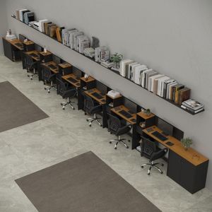 Conjunto De Escritório Smart 6 Livreiro 2 Buffet E 7 Mesas 90cm - Preto E Cedro Preto E Cedro