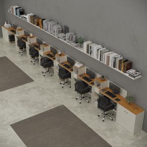 Conjunto De Escritório Smart 6 Livreiro 2 Buffet E 7 Mesas 90cm - Off White E Cedro Off White E Cedro
