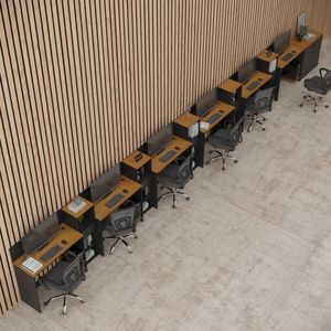Conjunto De Escritório Smart 5 Livreiro 1 Buffet E 6 Mesas 90cm - Preto E Cedro Preto E Cedro