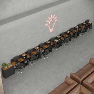 Conjunto De Escritório Smart 7 Livreiro 1 Buffet E 8 Mesas 90cm - Preto E Cedro Preto E Cedro