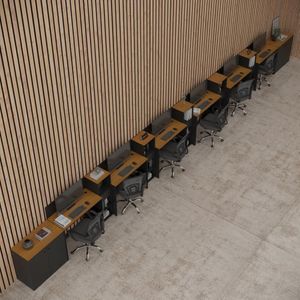 Conjunto De Escritório Smart 5 Livreiro 2 Buffet E 6 Mesas 90cm - Preto E Cedro Preto E Cedro