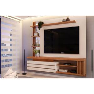 Painel Quarto P- Tv Até 55 Pol Marin C- 1 Porta E Torre Ripada 160x153cm Off White-freijó - Dj Móveis