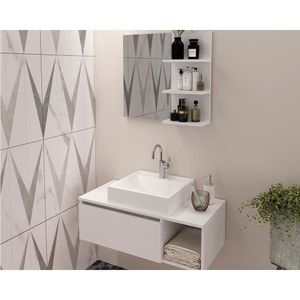 Conjunto De Banheiro Balcão Suspenso Bn3601 S- Cuba 80cm E Armário C- Espelho Bn3608 Branco - Tecno Mobili