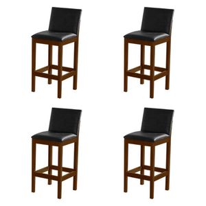 Kit 4 Banquetas Alta Pérola Com Encosto Estofada Em Couro Pu Preto Madeira Maciça Imbuia