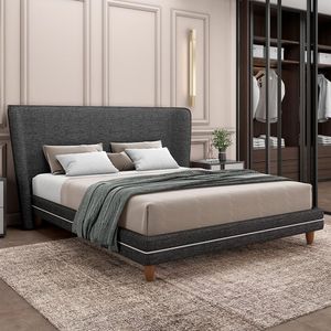 Cama Casal King Base Box Pés Madeira 203cm Suném P05 Linho Cinza Escuro - Lyam Decor