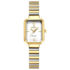 Relógio Para Mulheres Em Aço Inoxidável De Quartzo Design Quadrado À Prova Da Água Branco Dourado