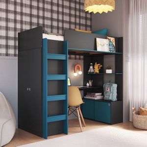 Cama Elevada Multifuncional Com Armário E Escrivaninha Grafite-azul Secreto