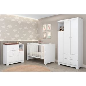 Quarto De Bebê Completo Guarda-roupa 3 Portas Cômoda 3 Gavetas 1 Porta E Berço Mini Cama Flofy Branco