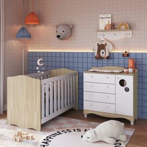 Conjunto Quarto De Bebê 1 Berço 1 Cômoda Trocador 4 Gavetas 1 Prateleira Carvalho Araguaia-branco