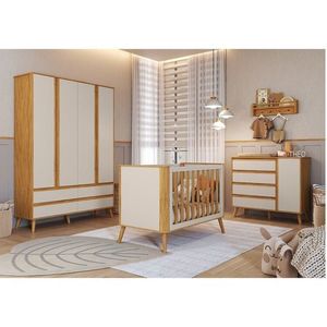 Quarto De Bebê Completo 1 Guarda-roupa 1 Cômoda 1 Berço Minicama 100% Mdf Luly Espresso Móveis Off White-amêndoa