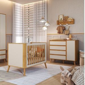 Quarto De Bebê Com Cômoda 1 Porta 4 Gavetas E Berço Minicama 100% Mdf Luly Espresso Móveis Off White-amêndoa