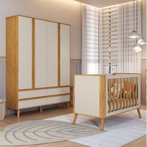 Quarto De Bebê Com Guarda-roupa 4 Portas E Berço Minicama 100% Mdf Luly Espresso Móveis Off White-amêndoa
