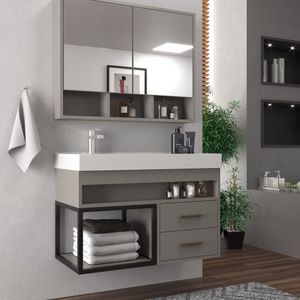 Conjunto Balcao Para Banheiro Com Espelheira Avant 80 Cimento