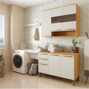 Lavanderia Modulada Compacta 2 Peças 6 Portas 2 Gavetas Com Tampo E Vidro Reflecta 100% Mdf Itália Amêndoa-off White