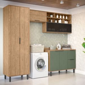 Lavanderia Modulada Com 2 Aéreos, 1 Balcão E 1 Armário Multiuso Toscana 100% Mdf Freijó-jade
