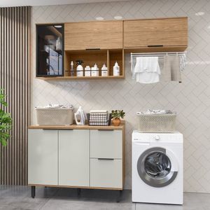 Lavanderia Modulada Com 2 Aéreos E 1 Balcão Com Tampo 100% Mdf Freijó-off White