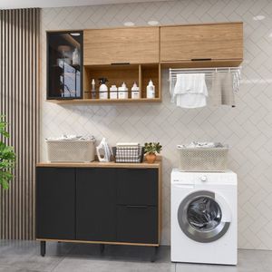 Lavanderia Modulada Com 2 Aéreos E 1 Balcão Com Tampo 100% Mdf Freijó-nero