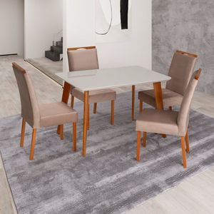 Conjunto Mesa Verona Com 4 Cadeiras De Madeira Maciça E Estofada Bella Authentic Champagnhe-off White-bege