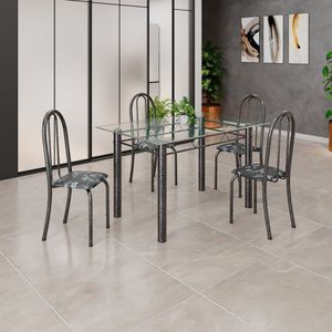 Conjunto De Mesa Tubular 120x75cm Tampo Em Vidro Com 4 Cadeiras Iris B Preto Floral - Mart Prata
