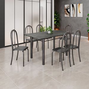 Conjunto De Mesa Tubular 140cm X 75cm Tampo Em Ardósia Indiano Com 6 Cadeiras Iris B Preto - Prata