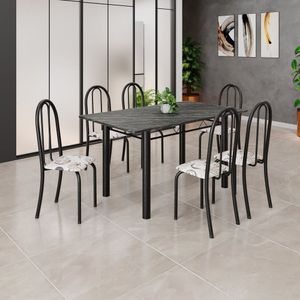 Conjunto De Mesa Tubular 140cm X 75cm Tampo Em Ardósia Indiano Com 6 Cadeiras Iris B Arabesco - Preto