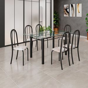 Conjunto De Mesa Tubular 140cm X 75cm Tampo Em Vidro Incolor Com 6 Cadeiras Iris B Bege - Preto