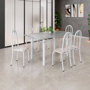 Conjunto De Mesa Tubular 140cm X 75cm Tampo Em Granito Topázio Com 6 Cadeiras Iris Bege - Branco