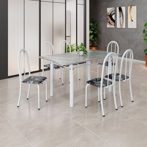 Conjunto De Mesa Tubular 140cm X 75cm Tampo Em Granito Topázio Com 6 Cadeiras Iris Preto - Branco