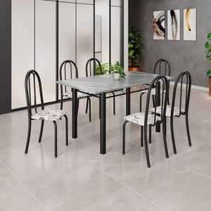 Conjunto De Mesa Tubular 140cm X75 Cm Tampo Em Granito Topázio Com 6 Cadeiras Iris Arabesco - Preto