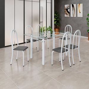 Conjunto De Mesa Tubular 140cm X 75cm Tampo Em Vidro Incolor Com 6 Cadeiras Iris B Preto - Branco
