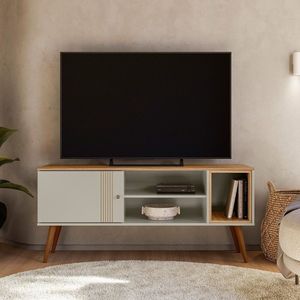 Rack Para Tv Até 55 Polegadas Com 1 Porta De Correr E Pé Estilo Retrô Off White- Nature