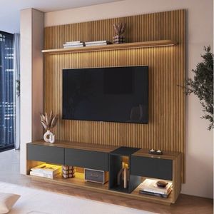 Rack Com Painel Até 75 Polegadas Liverpool Ra8001 Com Led E Impressão Ripada 3d Pinho- Mel- Grafite