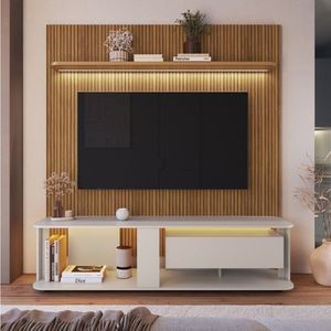 Rack Com Painel Para Tv Até 75 Polegadas Com Led Impressão Ripada 3d Pinho-arenas