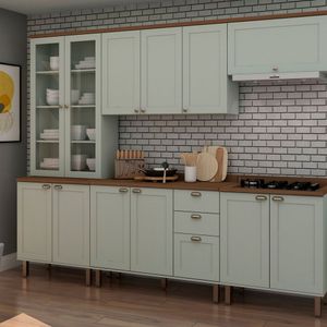 Armário Cristaleira Com 2 Portas De Vidro E Balcão Com 2 Portas Provençal 100% MDF Verde Mint Ébano