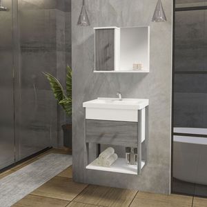 Conjunto Gabinete Inferior E Superior Banheiro 1 Porta 1 Gaveta Rubi - Cinza Rovere - Cinza