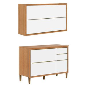 Kit Balcão 3 Portas 2 Gavetas Com Armário Aéreo Opala Carvalho Branco