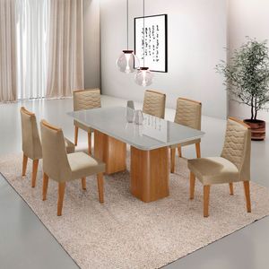 Mesa De Jantar Eloise Tampo MDF Vidro Com 6 Cadeiras Moderna Turim Off White Naturale