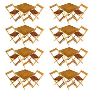 Kit 8 Conjuntos De Mesa Dobrável 70x70cm Em Madeira Maciça Para Restaurantes Com 2 Cadeiras Mel Bege